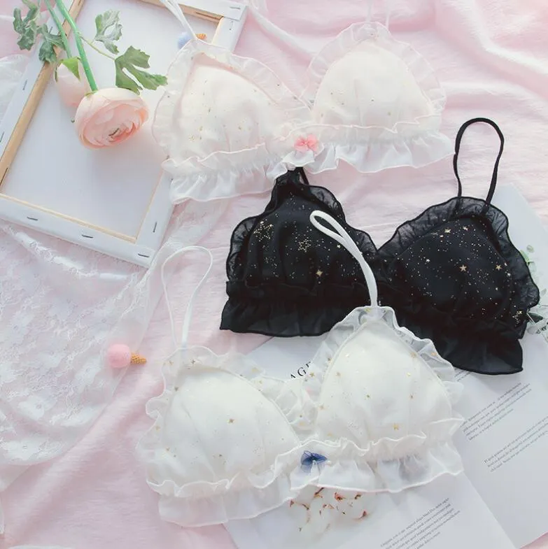 STAR STARRY Star Girl Heart LOLITA Bra Set Japanese Small Chest Underwear Suit Sexy Lovely Lace Steel Ring Soft Girl Student Bra Y200708