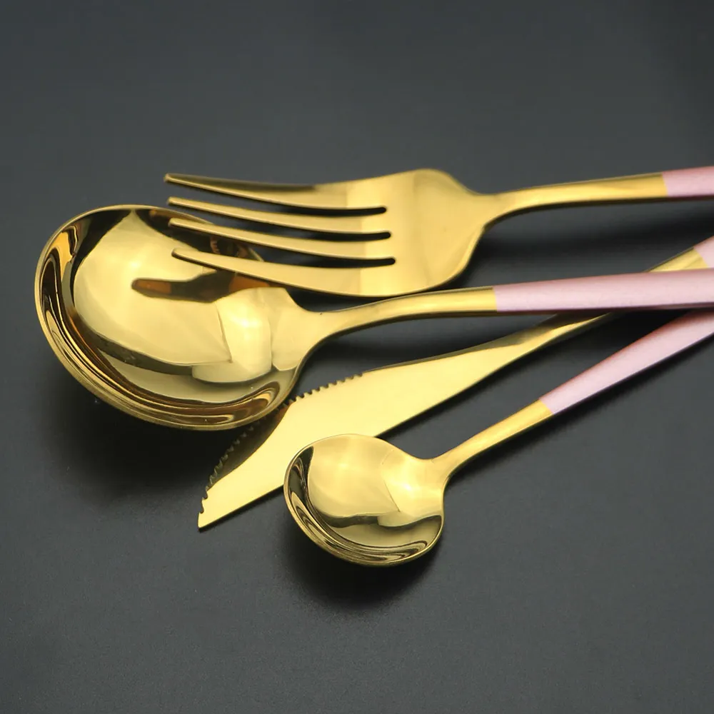 32st middagsvaror svart guld bestick rostfritt stål kniv gaffel sked middag kök silvervara porslin set 210318