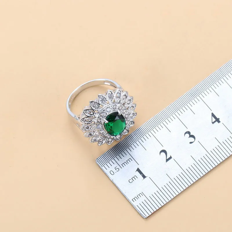 Ensembles de bijoux luxueux en argent 925 pour mariée de Dubaï, boucles d'oreilles en forme de tournesol, zircon cubique vert, collier, bracelet et bagues 220210239x