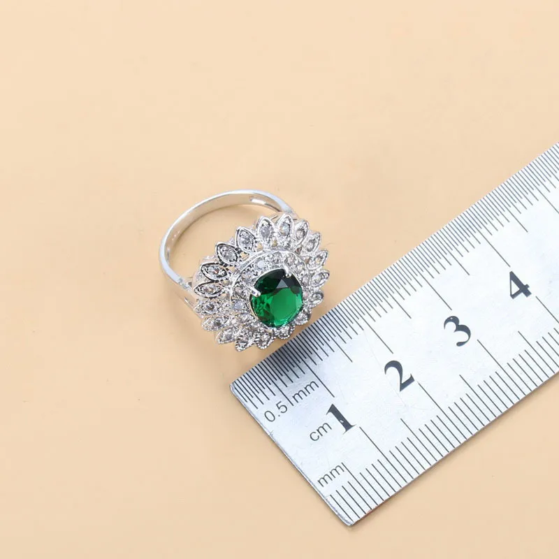 Luksusowy Dubai Bridal Srebrny 925 Zestawy biżuterii Brial Green Cubic Zircon Kolczyki Słonecznik Naszyjnik i zestawy pierścieni 220210206t