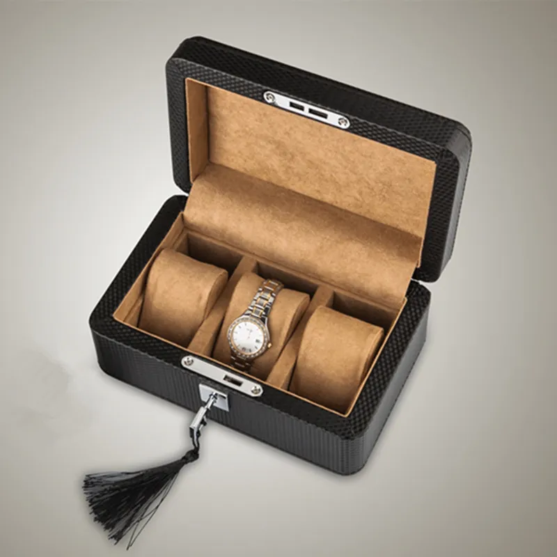 3 Slots läderklocka Box Case Black Mechanical Watch Organizer With Lock Women Jewelry Storage Holder Gift Case T200523243B