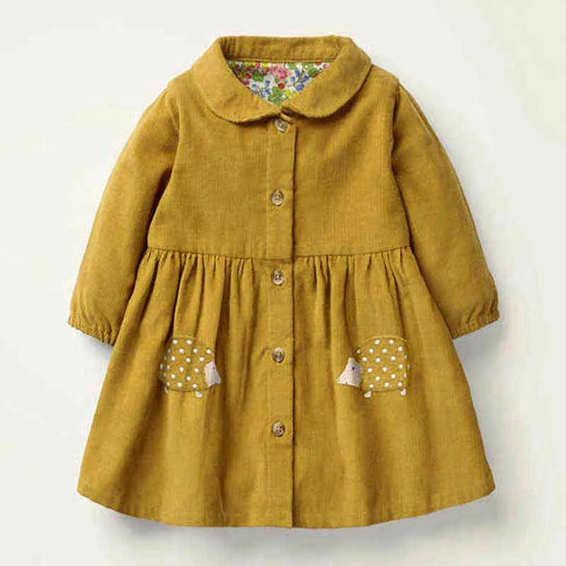 Frocks for Kids Brand Spring Winter Baby Girls Clothes Cotton Hedgehog Applique Shirtdress Toddler Dresses 2-7 Years 211231