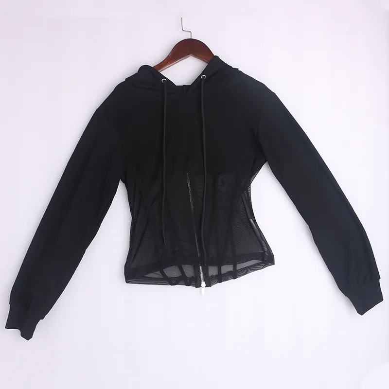 OMSJ Femmes Pulls Molletonnés À Manches Longues Automne Noir / Gris Maille Transparent Dentelle Rayé Patchwork Hoodies Casual Sweat À Capuche 201030