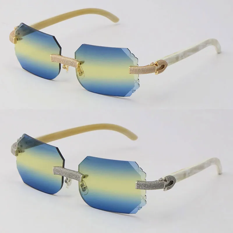 2022 New Micro-paved Rimless Luxury Diamond Set Sunglasses White Genuine Natural Buffalo Horn Sun Glasses Rocks Frame Male and Fem1965