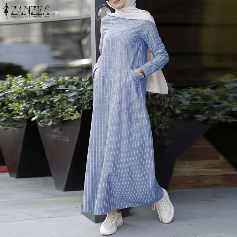 Plus storlek muslimsk klänning kvinnor långärmad randig sundress zanzea höst bomull linne klänning kaftan vestido femme baggy 5xl y0118