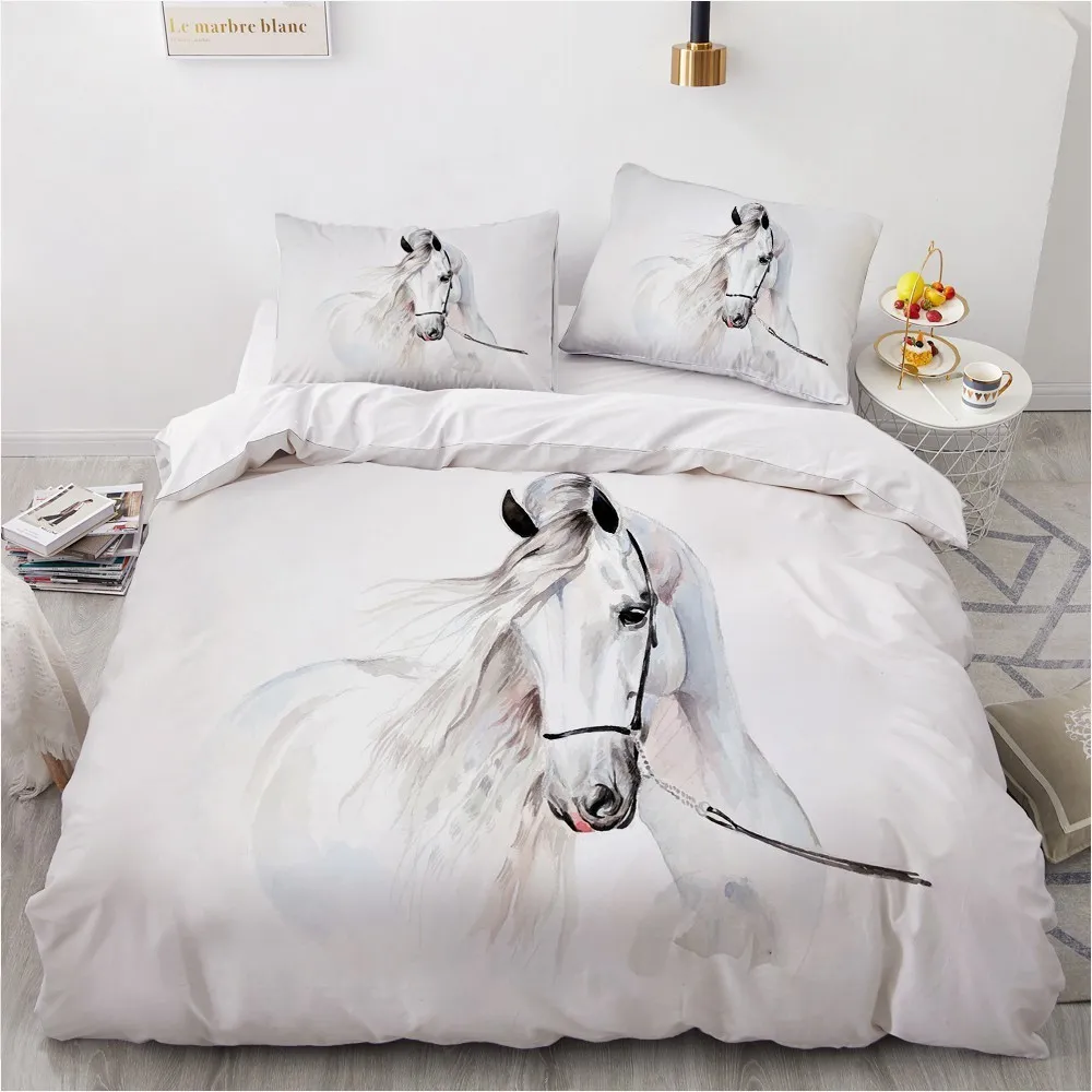 Conjunto de cama de cavalo 3D Design personalizado Passes de capa de edifícios de animais brancos Caso de roupas de cama de cama branca Rei Full Queen Super King Twin Size 201128815495