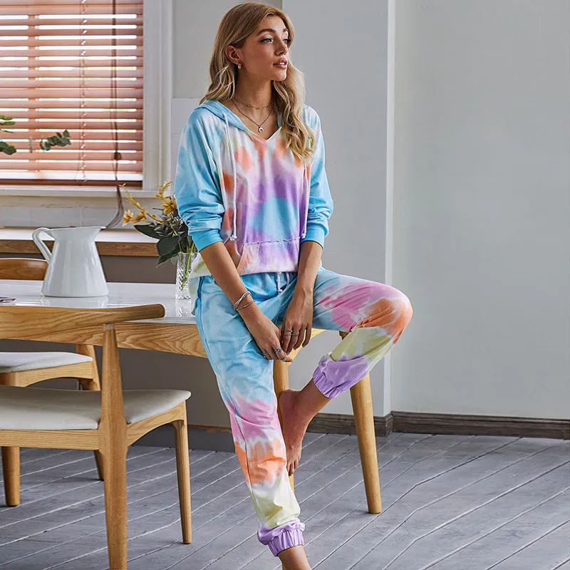 Gradient Loungewear Women Pajama Set Home Wear Tie-Dye Print Nightwear Sleewwurs Мода Весна Летнее Короткая рукава Пижама Женщины T200707