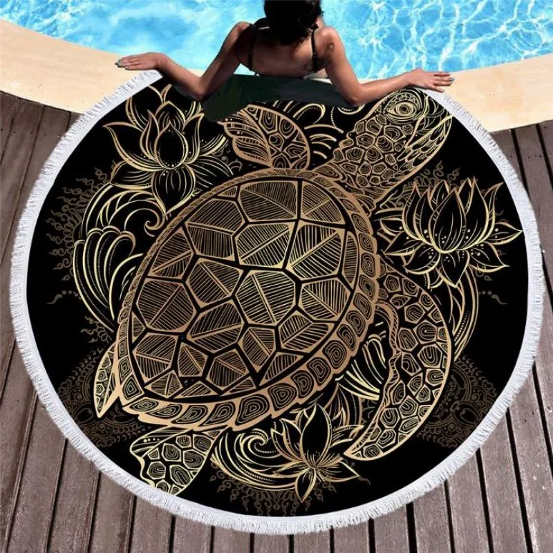 Printed Big Turtle Beach Towel Round Microfiber Large Blanket Picnic Yoga Mat Travel Sunbath Bath Table cloth