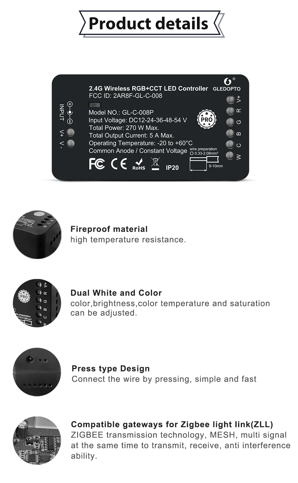 GLEDOPTO Zigbee 3.0 LED Kontrolörü Pro RGBCCT Şerit Kontrol Cihazı Akıllı Uygulama Ses Kontrolü Amazon Echo Plus Akıllı