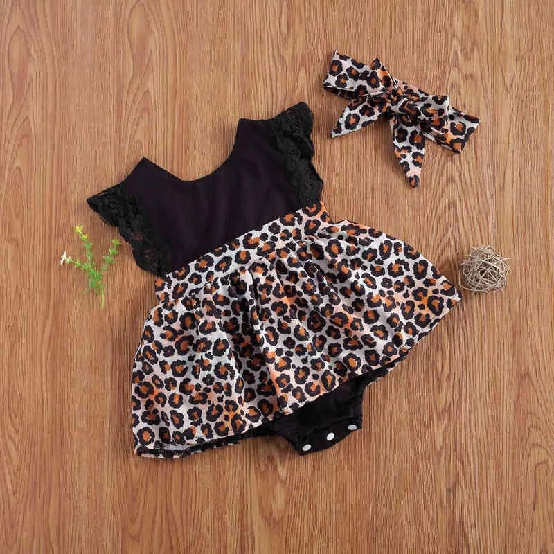 Pudcoco nyfödd baby flicka kläder splicing leopard print o-neck backless spets ruffle romper jumpsuit huvudband outfits set g1221