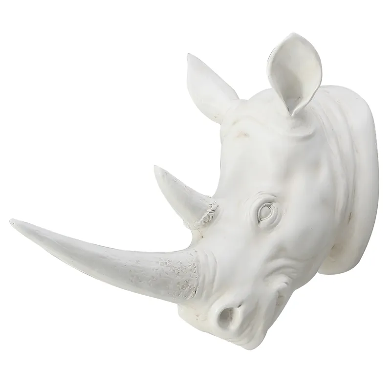 KiWarm Resin Exotic Rhinoceros Head Ornament White Animal Statues Crafts for Home el Wall Hanging Art Decoration Gift T2003314702818