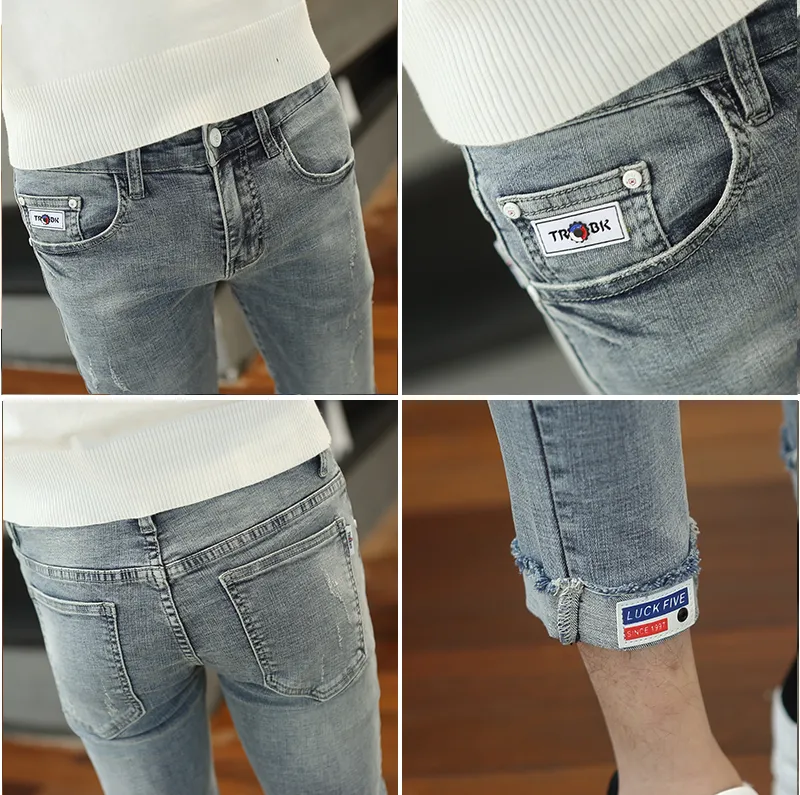 Großhandel Mode Casual Social Guy Cowboy Bettler Hosen Männer Slim Koreanische enge dünne Jeans Männer Füße Loch Knöchel Hosen 201128