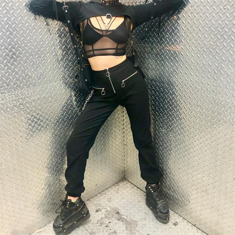 femmes zipper streetwear gothique harajuku sarouel décontracté avec chaîne solide pantalon noir cool mode hip hop pantalon long capris T200324