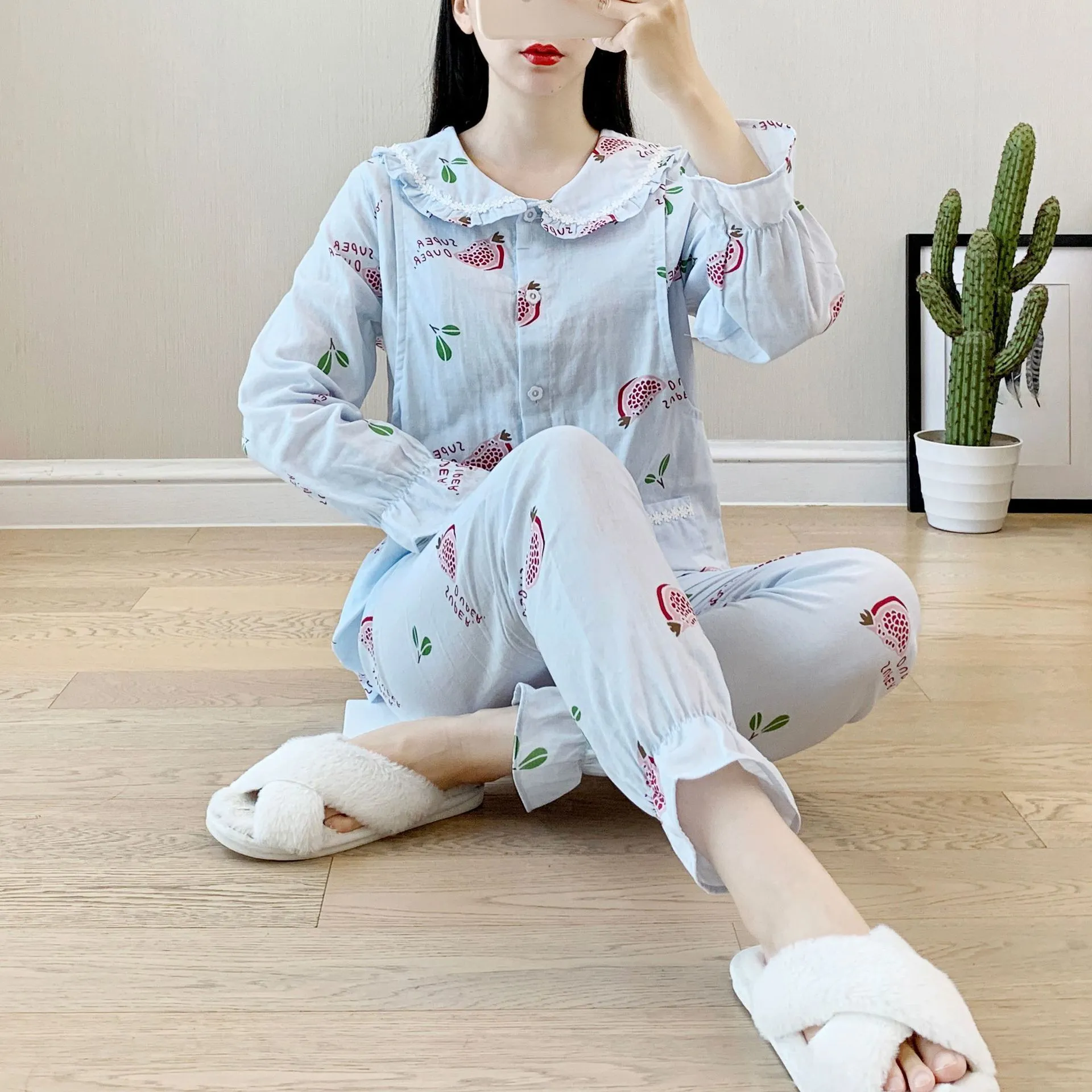 Double Layer Gauze Doll Collar Pajamas Set Spring and Summer Models Pure Cotton Maternal Confinement Piyamas Women Twopiece T200429
