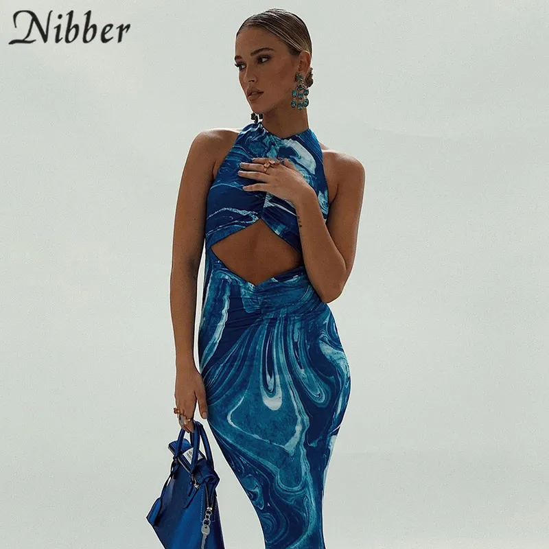 Nibber Y2K Sexy Beach BodyCon Платья, выладьте с плеча Бед. Печатная галстука краситель синий макси лето 220308