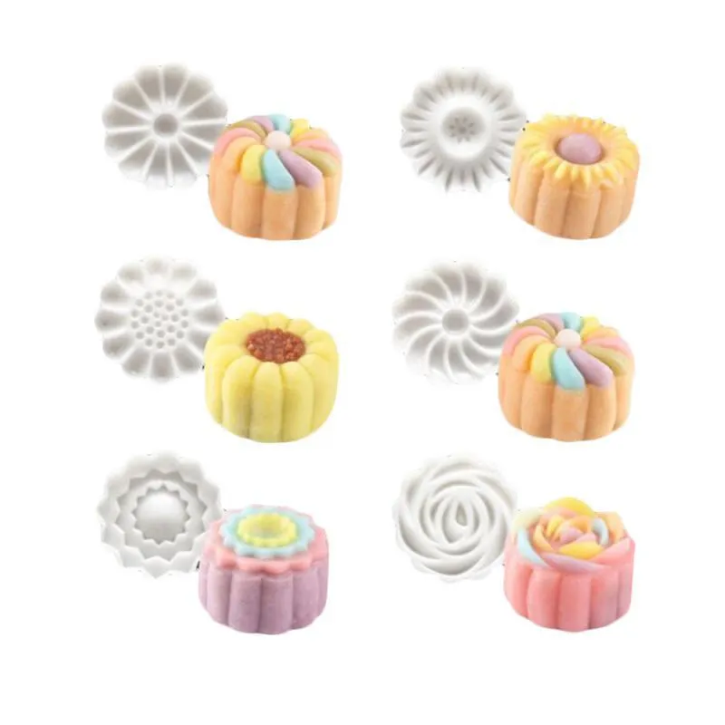 6 stks / set bloem mooncake mal diy hand druk fondant maan taart koekjes mallen mid-herfst festival bakken tools T200703