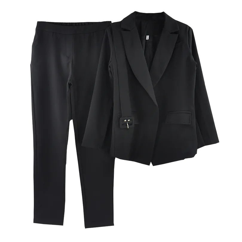 Mvgirlru office dame werk broek pakken vrouwen slanke lange mouwen sjerpen blazer + rechte broek elegante twee stuk set T200702