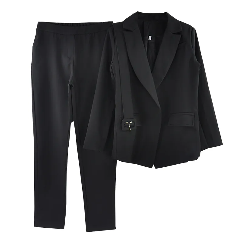 MVGIRLRU Office Lady Work Pants Suits Women Slim Long Sleeve Sashes Blazer + Straight Pants Elegant Two Piece Set T200702