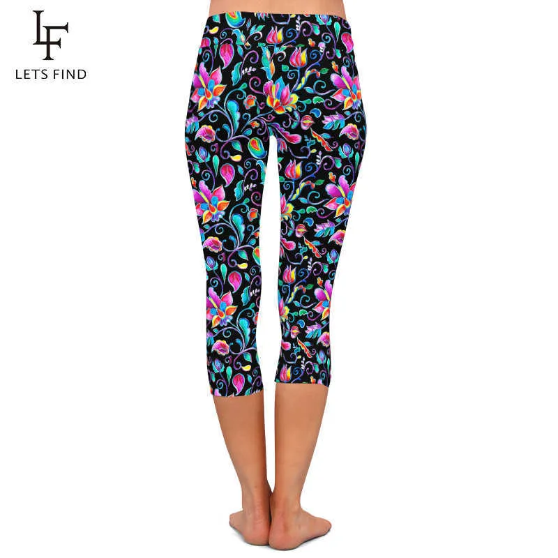 LETSFIND Summer Women Black Leggings High Elastic Milk Silk Flowers Print Waist Fitness Casual Mid-Calf 211221