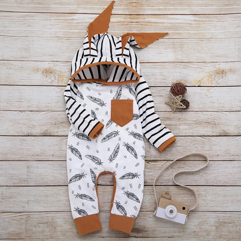 Winter Autumn Baby born Baby Boy Girl Clothes Feather Rompers Tops Striped Pants Clothes Outfits Set vetement enfant fille LJ201223