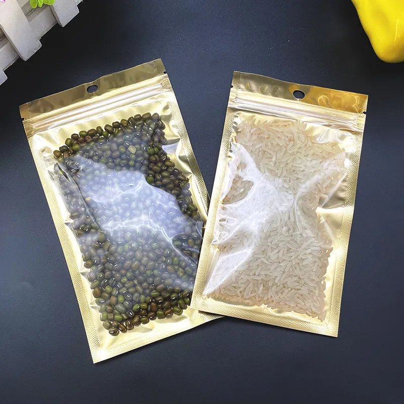 小さなビッグサイズゴールドゴールデンセルフシールバッグzip再封理可能なプラスチック小売パッケージングバッグのクリアフロントzipperロックmylarバッグパック5476576