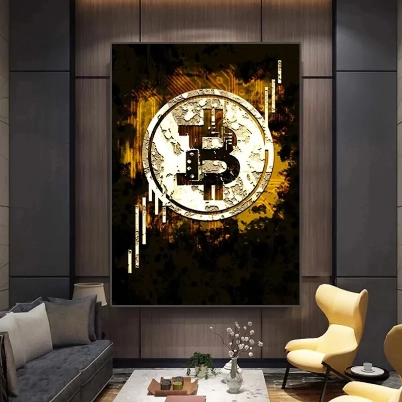 Toile de peinture de Bitcoin doré moderne, affiches et imprimés, tableau d'art mural d'inspiration modulaire pour la décoration de la maison du salon