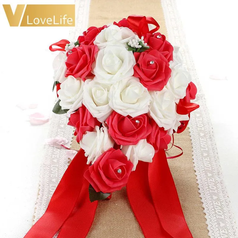 1 pz con fiori blu viola rosa rossa fiori da sposa artificiali bouquet da sposa bouquet da sposa decorazione di nastro di seta di cristallo288S