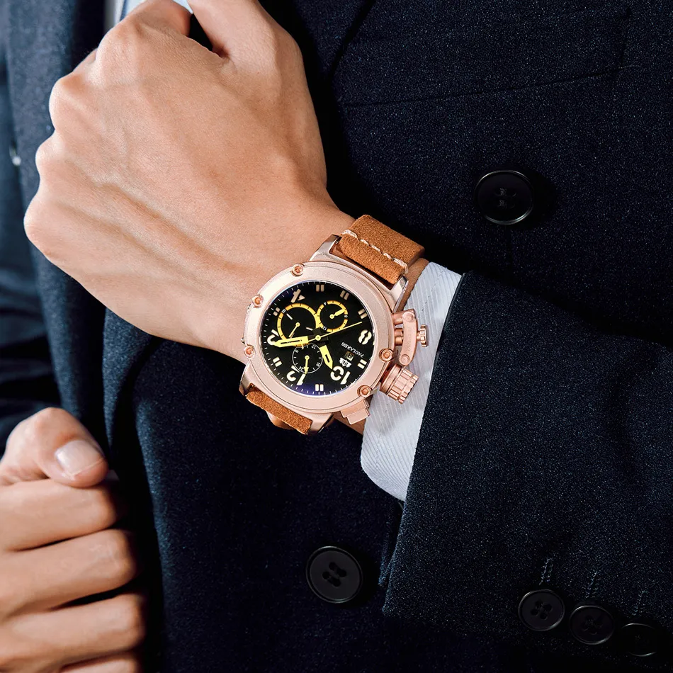 Orologio da uomo automatico a carica automatica meccanico in vera pelle marrone multifunzione data barca mese luminoso limitato oro rosa bronzo U Watch L288g