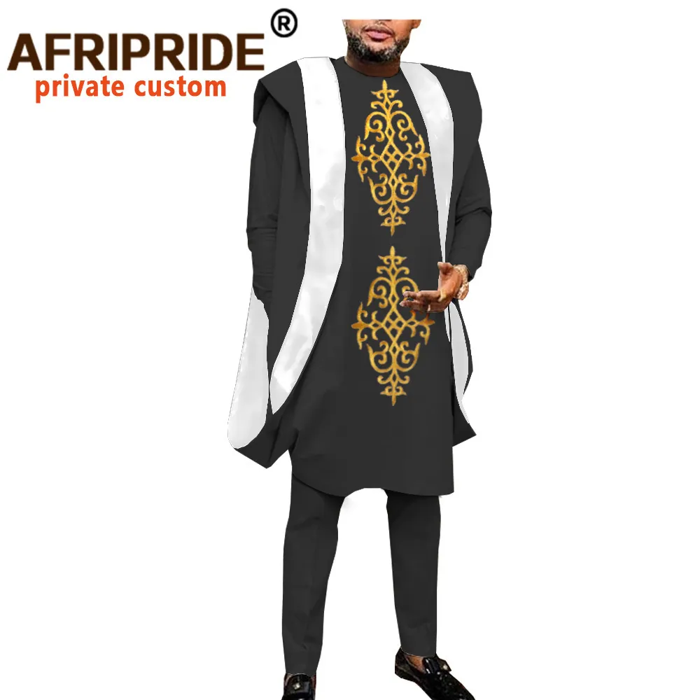 男性のためのアフリカの服ダシキ刺繍アグバダローブプラスサイズダシキ服のコートシャツとズボン3ピースセットA044 201109