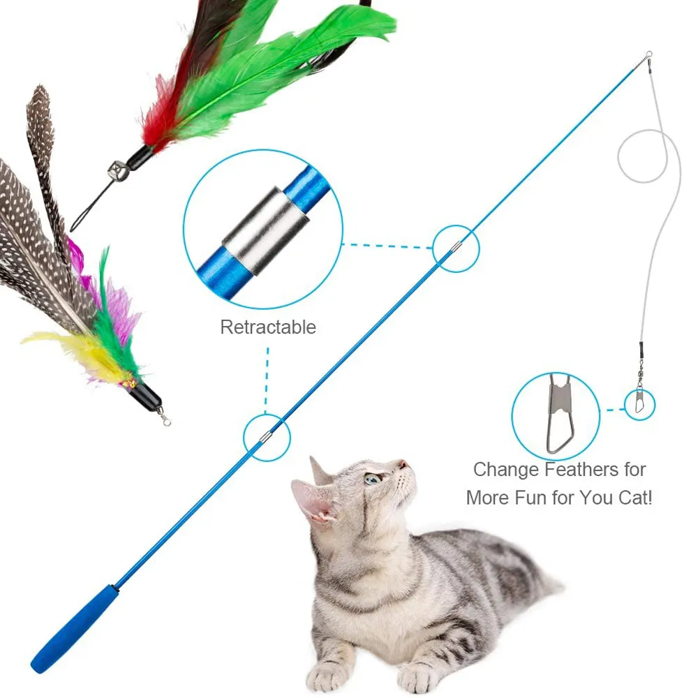 / Set Teaser Cat Catcher rétractable pôle de pêche baguette tige plume jouet, idéal pour chaton chien exercice LJ200826