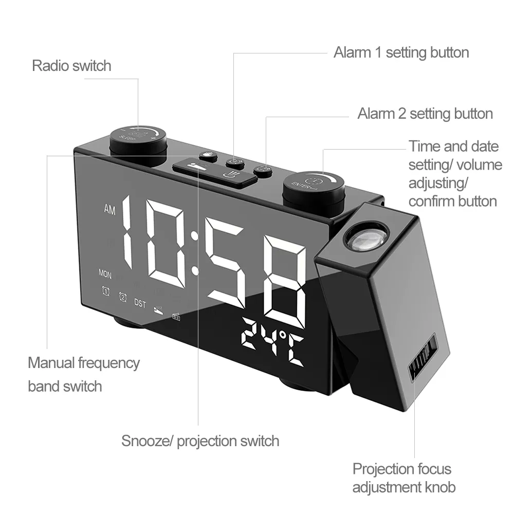 Digital Wecker Projektion FM Radio Wecker 4 Helligkeit Einstellung USB Dual Wecker mit Snooze -Funktion LJ2008278376824