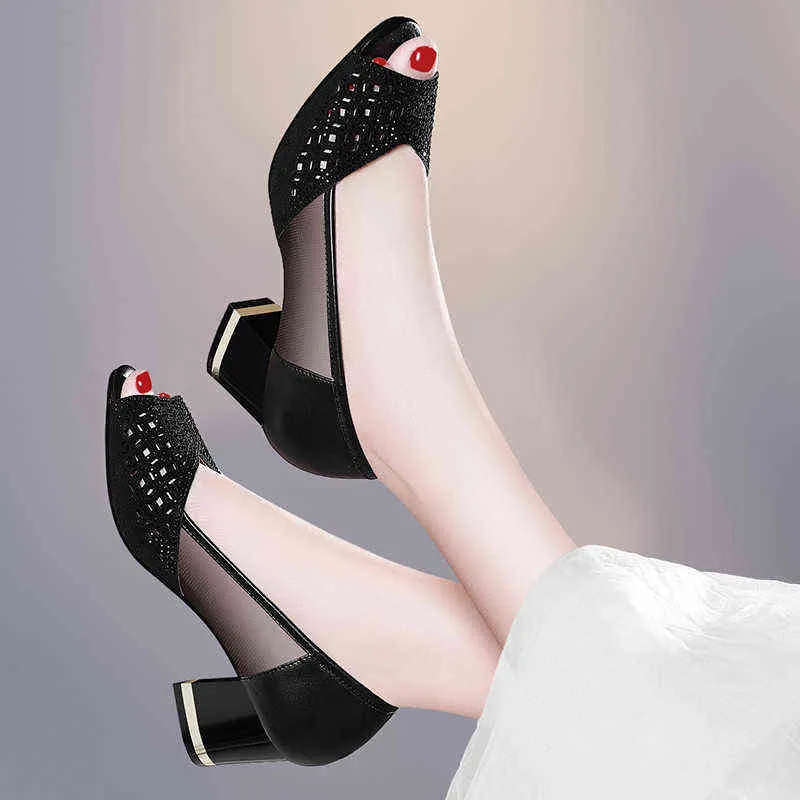 Plus Size 43 Summer Women Peep Toe Pumps Bling High Heeld Sandals Dress Cut-outs Ladies Mesh Boat Shoes Black 220309