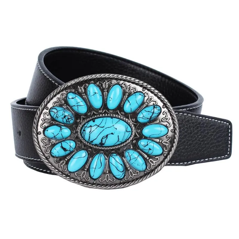 Riemen Cowboyriem Western Leer Met Boheemse Imitatie Turquoise Gesp Zwart Bruin2564