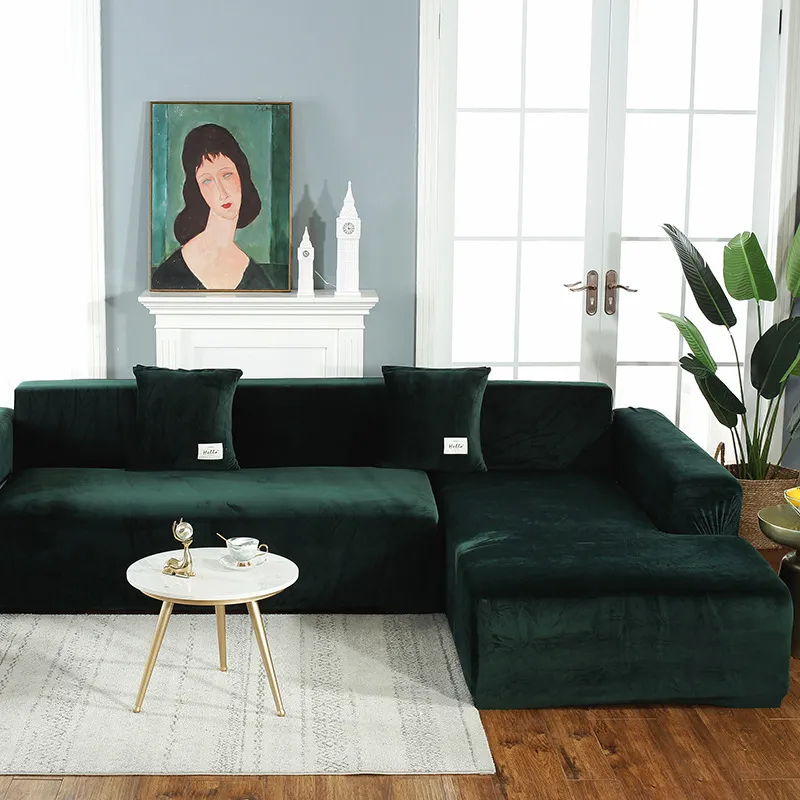 Бархатный плюшевый L -образный диван для гостиной для гостиной Эластичный сплошной корпус для дивана с лонжево -угловым растяжением