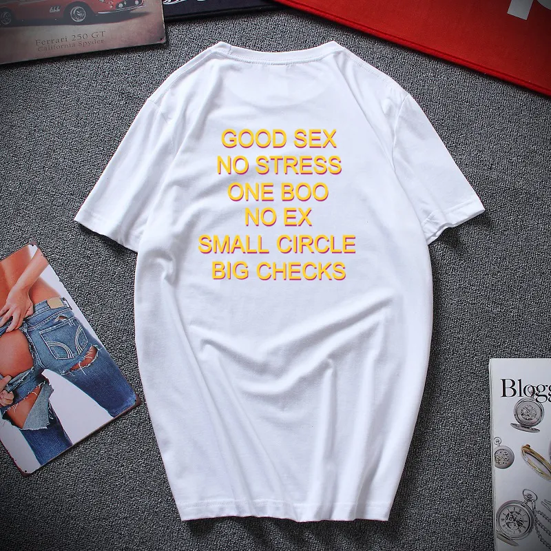 Engraçado Bom Sexo Sem Estresse Um Boo Não Ex Pequeno Círculo Grande Verificações Camiseta Carta Impressão Camiseta Voltar UE Size100% Camisa de Algodão 220224