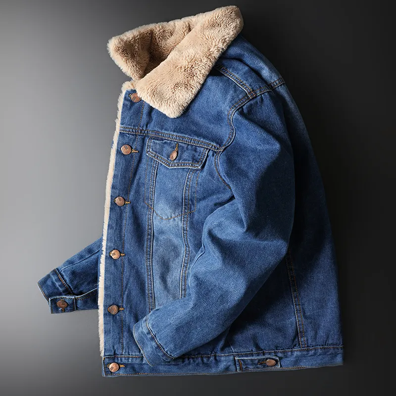 겨울 고품질 새로운 남성용 청바지 재킷 캐주얼 솔리드 컬러 데님 자켓 플러스 벨벳 따뜻한 모피 칼라 청바지 자켓 대형 M-5XL 201218