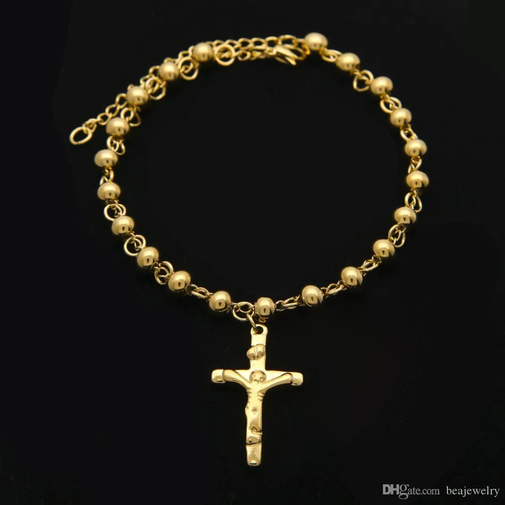 Gioielli Hip Hop Bracciale con perline rosario placcato oro 14 carati Croce in acciaio inossidabile con ciondoli Gesù Catena a maglie pendente Religione femminile Pu193i