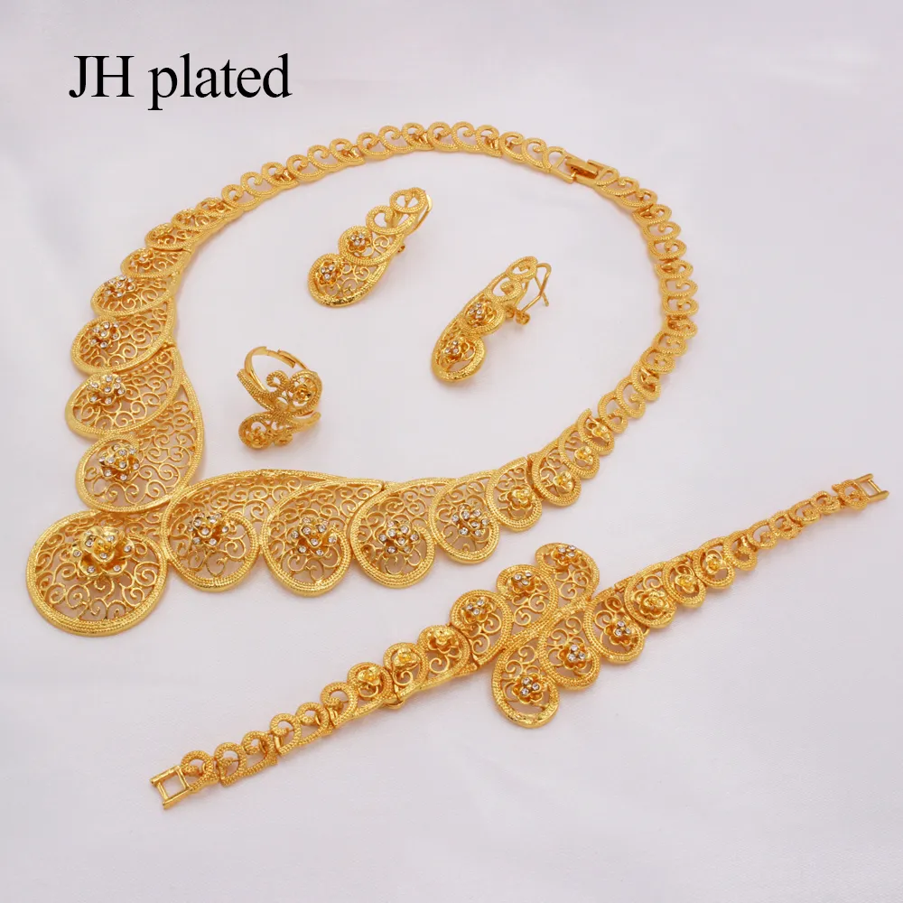 Дубай золотые комплекты ювелирных изделий для женщин Африка Эфиопские свадебные подарки Ожерелье серьги кольцо Браслет наборы ювелирных изделий для вечеринок 201224
