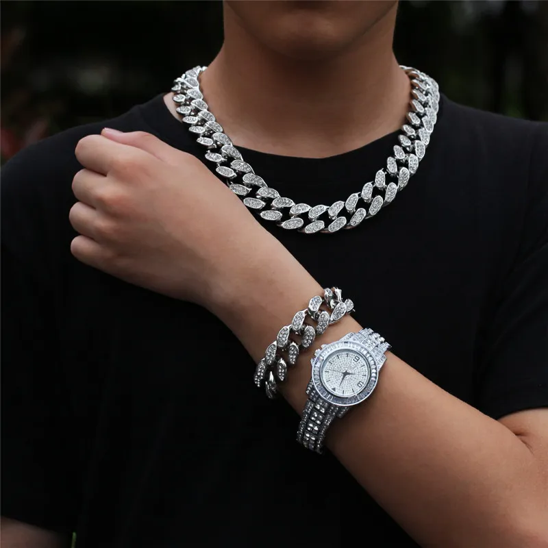 3 pçs conjunto masculino hip hop gelado para fora bling corrente colar pulseiras relógio 20mm largura correntes cubanas colares hiphop charme jóias presentes261k