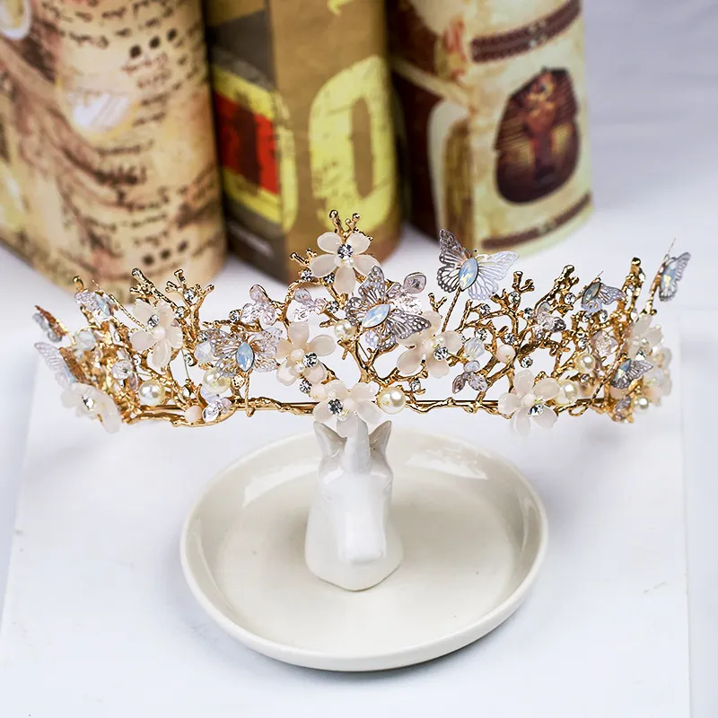 Barock vintage guldfjäril krona blommor bröllop prom tiara pannband pärla brudhuvudstycken brud hår tillbehör hårband y2467