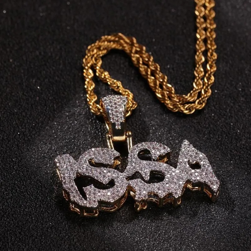 Hip Hop Micro Pave Green Cubic Zirconia Bling Out Issa Letter Pendants Necklace For Men Rapper Jewelry Gold Color298w