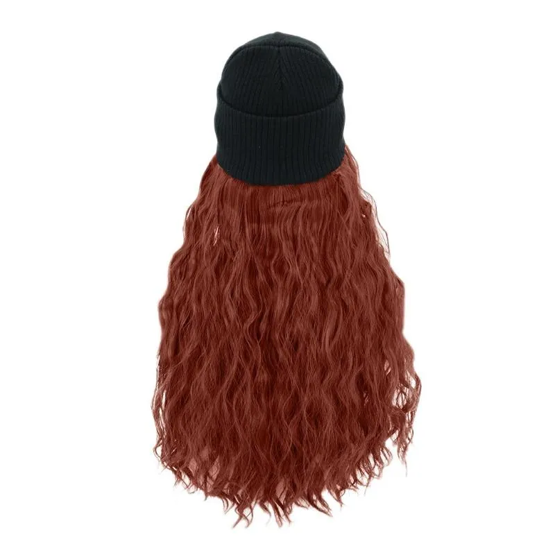 Breda randen hattar syntetiska långa lockiga stickade skidåkning vinter med hår peruk mössa bifogad hatt för flicka hänger naturlig bomull gjord #12252u