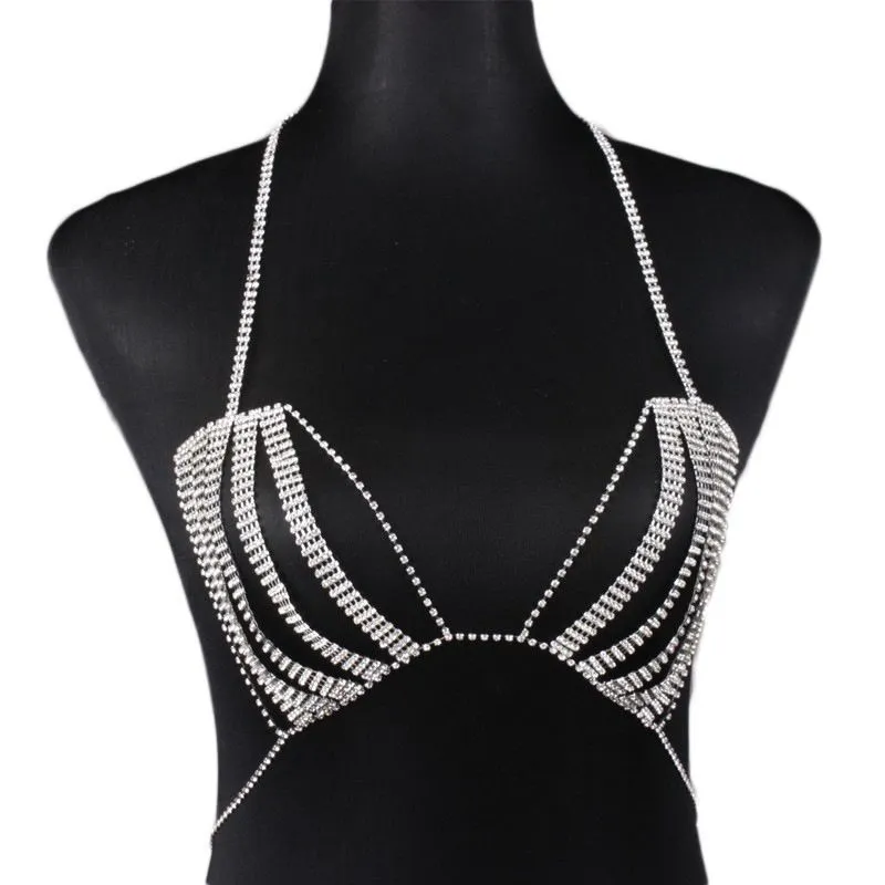 Strass Cristal Bikini Soutien-Gorge Haut Poitrine Ventre Gland Chaînes Crossover Harnais Collier Bijoux De Corps Festival Party Cover Up T20050218A