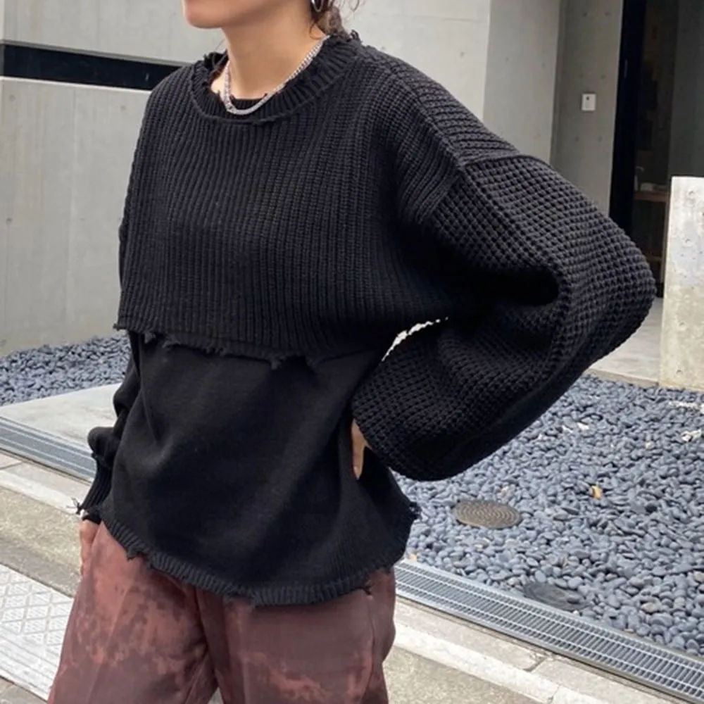 Maglia delle nuove donne maglione lavorato a maglia lanterna camicetta a maniche lunghe in due pezzi giapponese semplice femminile top in maglia davanti e dietro due usura 201109