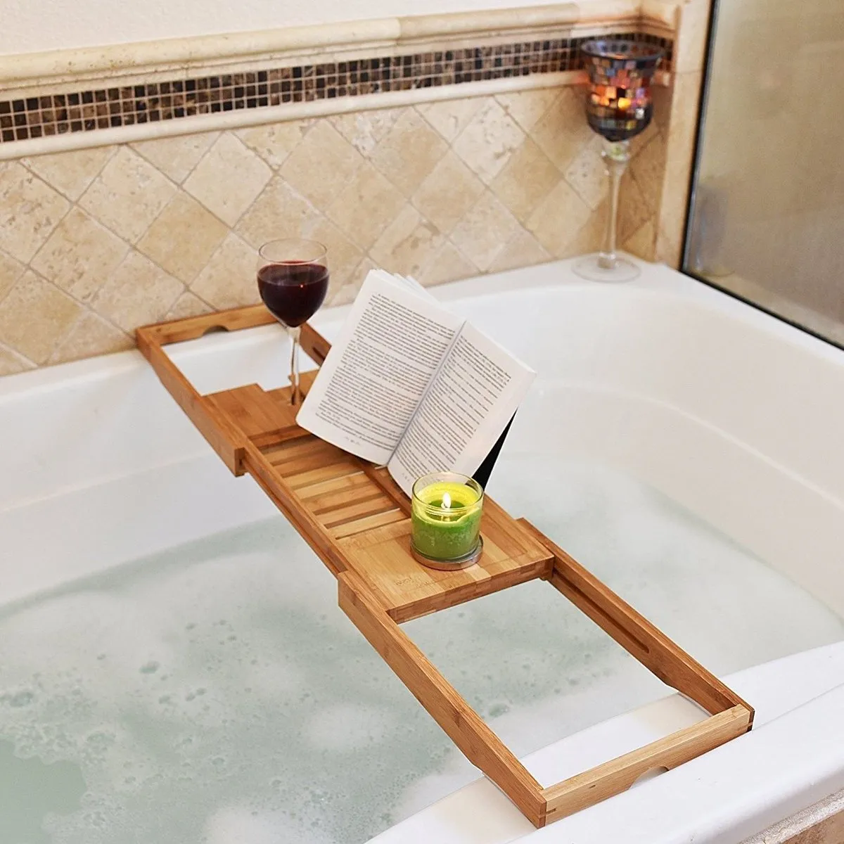 Salle de bain de luxe bambou baignoire baignoire étagère de pont de pont caddie rack de caddie en verre de vin rétractable porte-baignoire de baignoire de baignoire y11251494011