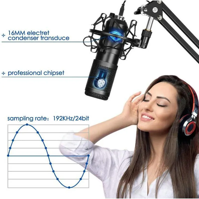 USB-mikrofon Kardioidkondensator Podcast Microfono 192kHz/24bit Plug and Play With för livestreaming YouTube ASMR