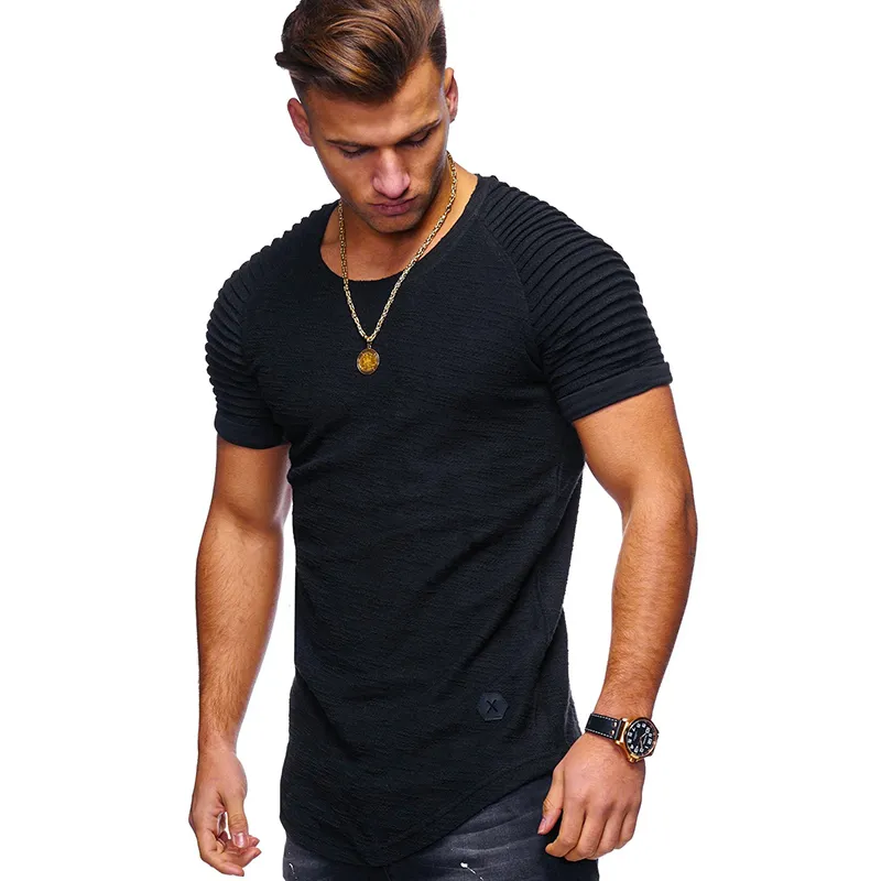 T-shirt Mannen High Street Solid Color Heren Mannen Korte Mouwen Streep Vouwen Slanke Fit Hipster Casual Tee Shirt Man Y201118