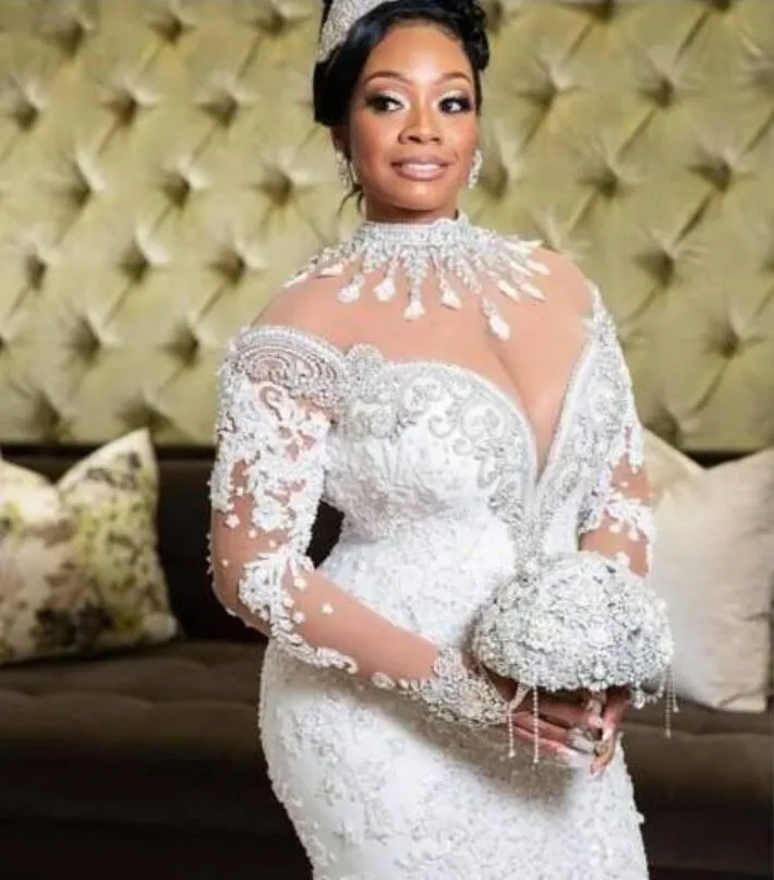 Robes de mariée sirène africaine grande taille, col haut, manches longues, dentelle, perles, train court, robes de mariée de luxe, 242B