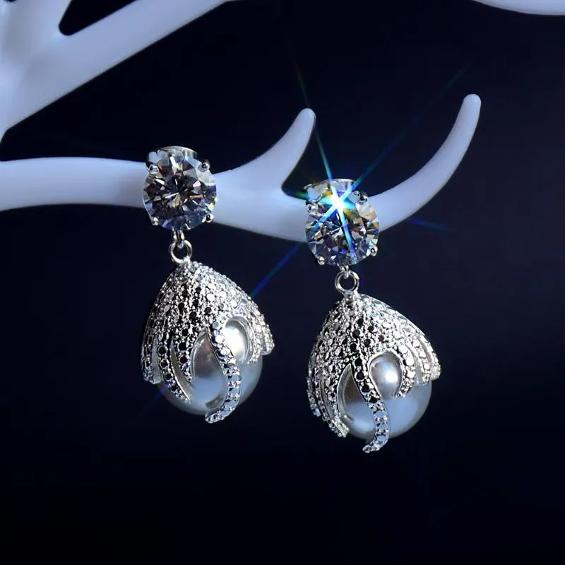 DreamCarnival1989 Deluxe Tropfen-Ohrringe für Damen, Boucle d'Oreille Femme, rhodiniert, eleganter baumelnder Perlen-Hochzeitsschmuck WE4276C