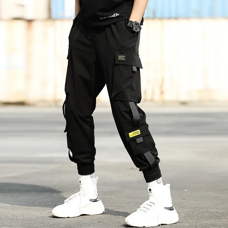 Wstążki Spodnie Cargo Men Casual Streetwear Spodnie Hip Hop Trendy Casual Youth Slim Pants Stylowe spodnie męskie spodnie 201128